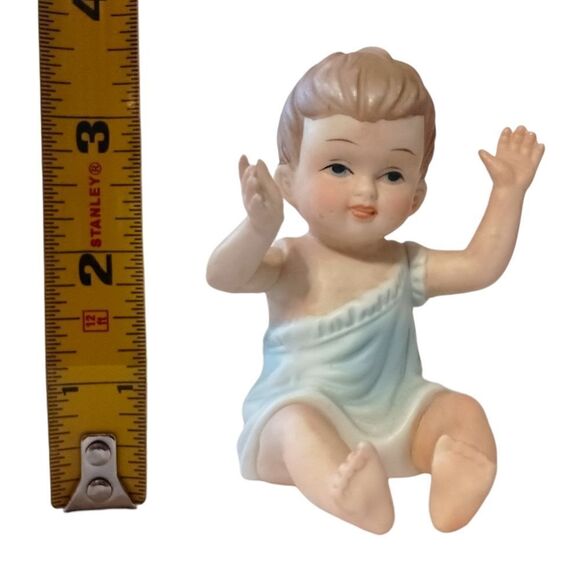 Vintage Piano Baby Bisque Porcelain Figure Blue Boy Arms Up 3.5" Handpainted - Picture 2 of 16